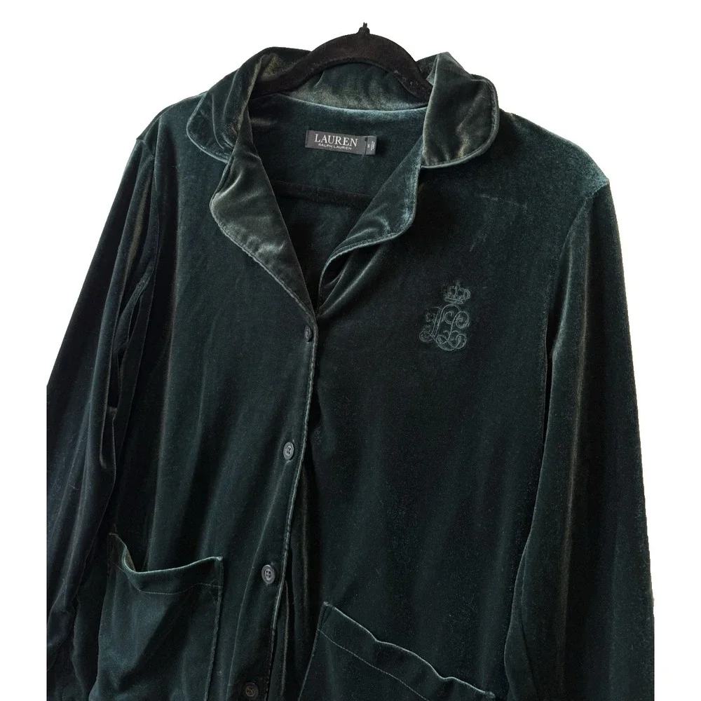 Lauren Ralph Lauren‎ Emerald Green Velvet Button Front Pajama Top Women's S Logo